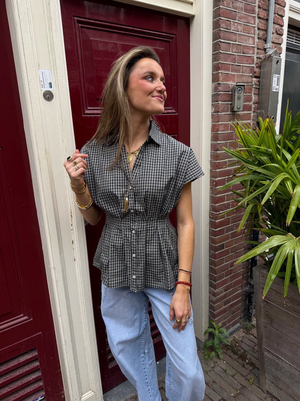Quinn blouse geruit aangesloten navy/off white - Project 35