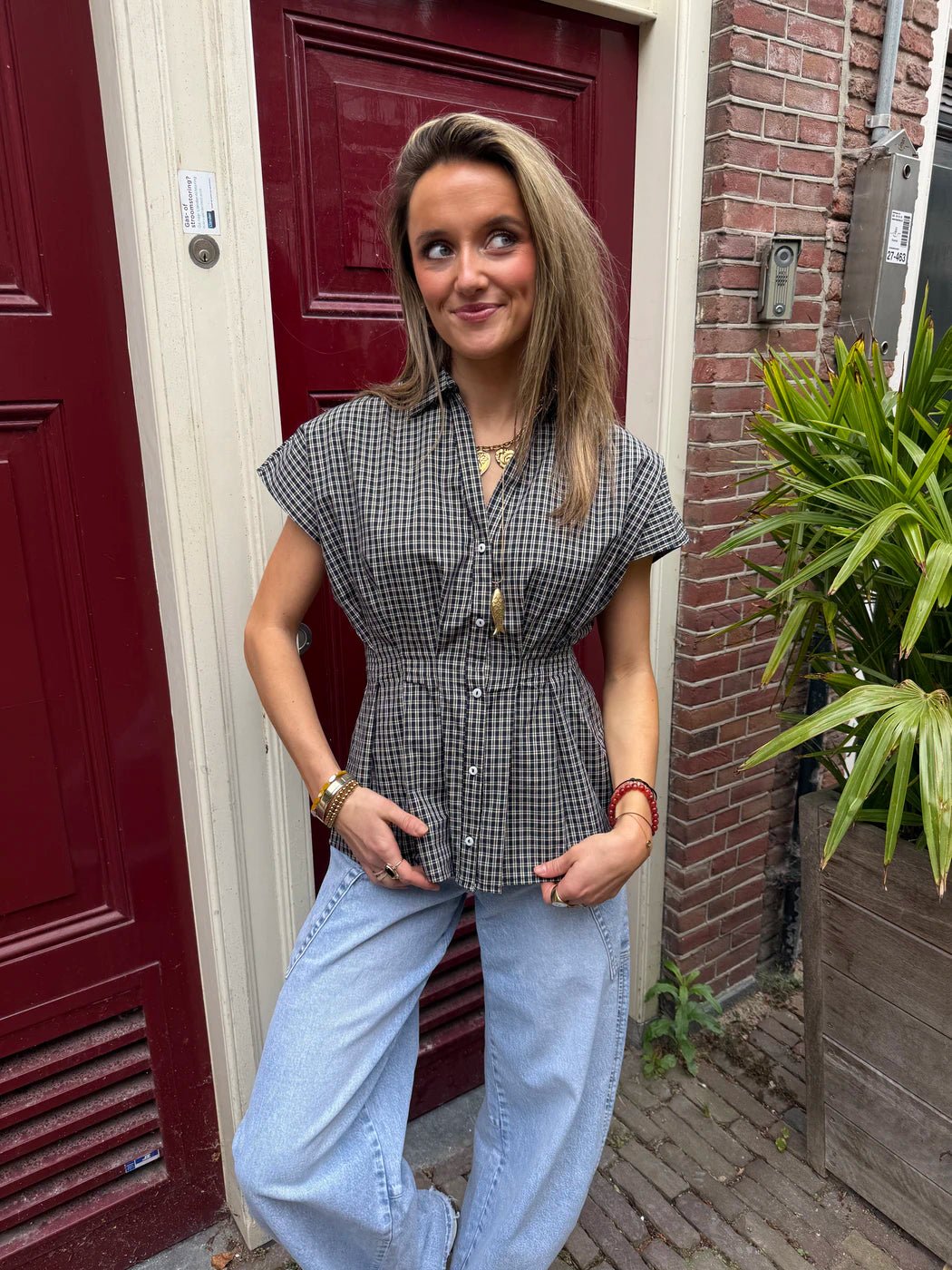 Quinn blouse geruit aangesloten navy/off white - Project 35