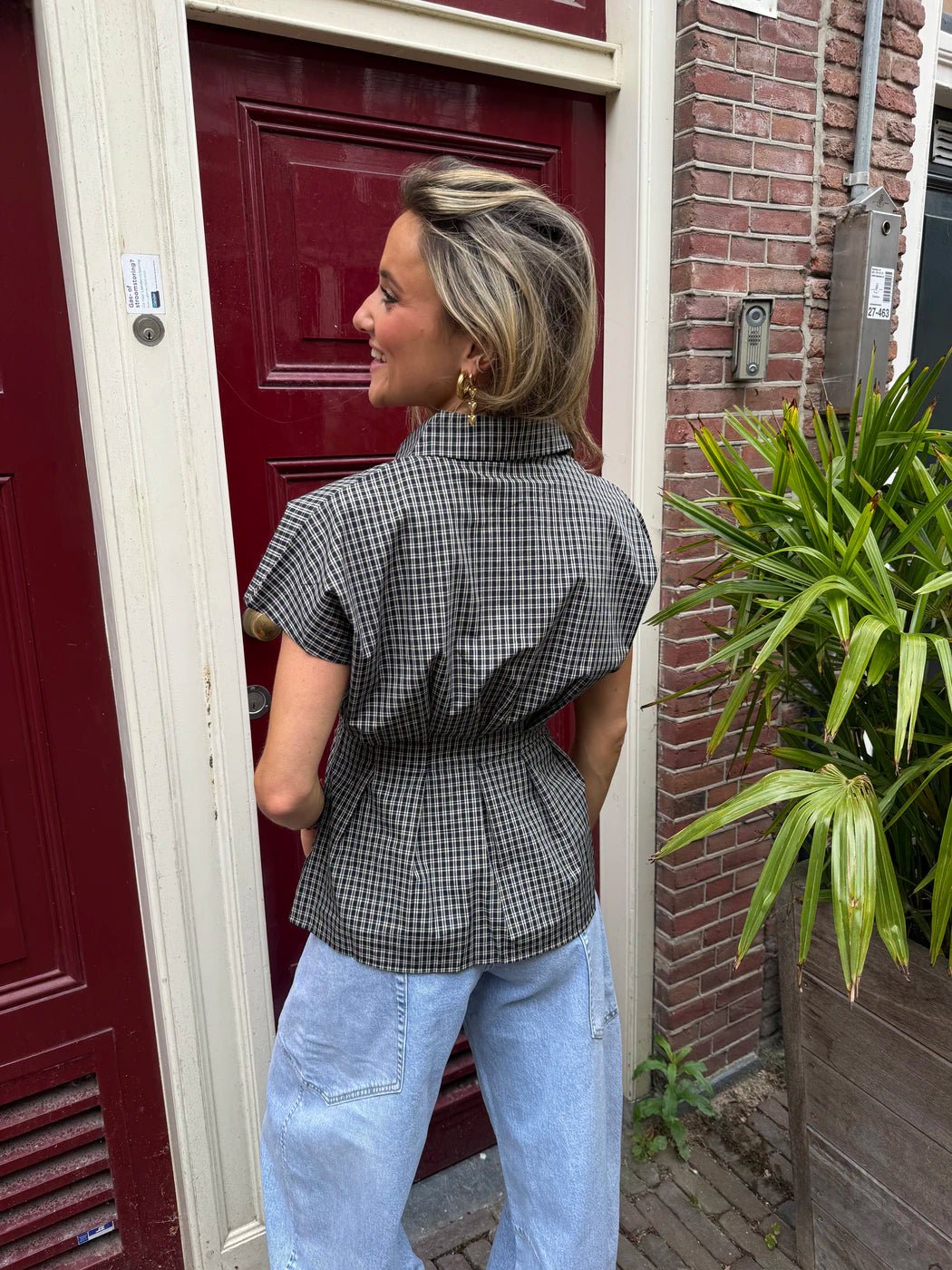 Quinn blouse geruit aangesloten navy/off white - Project 35