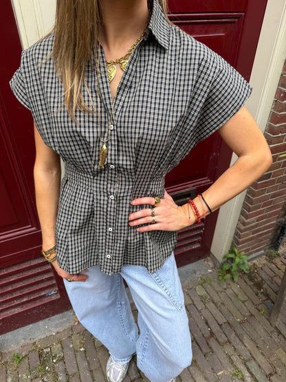 Quinn blouse geruit aangesloten navy/off white - Project 35