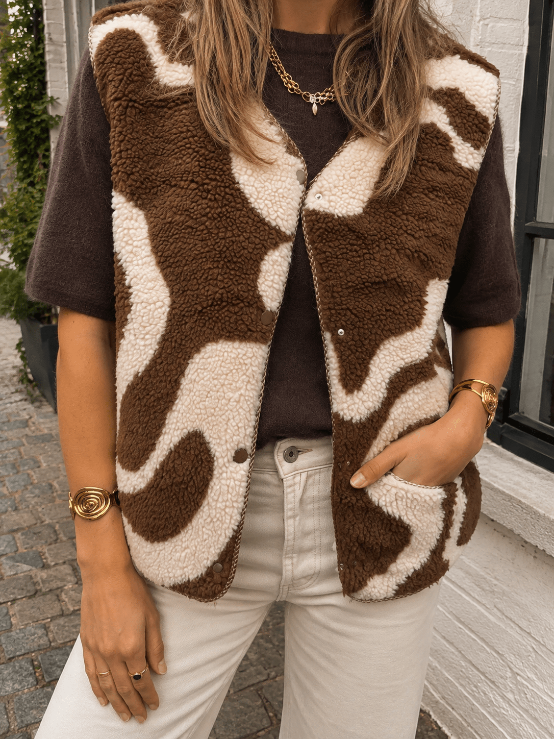 Ravi teddy gilet bruin/beige - Project 35