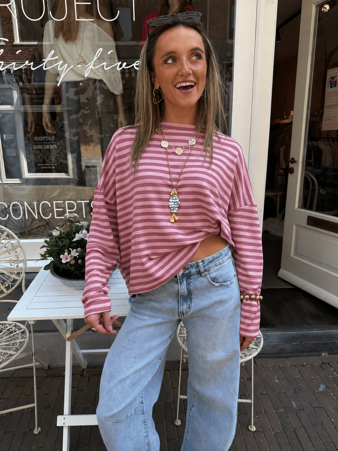 Roos gestreepte longsleeve roze - Project 35