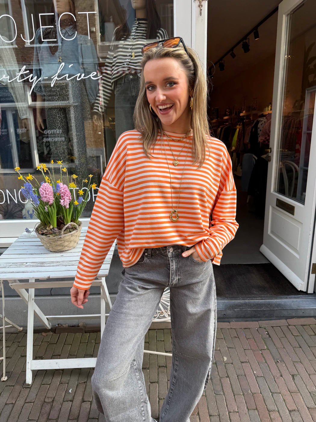 Roos longsleeve oranje/wit gestreept - Project 35