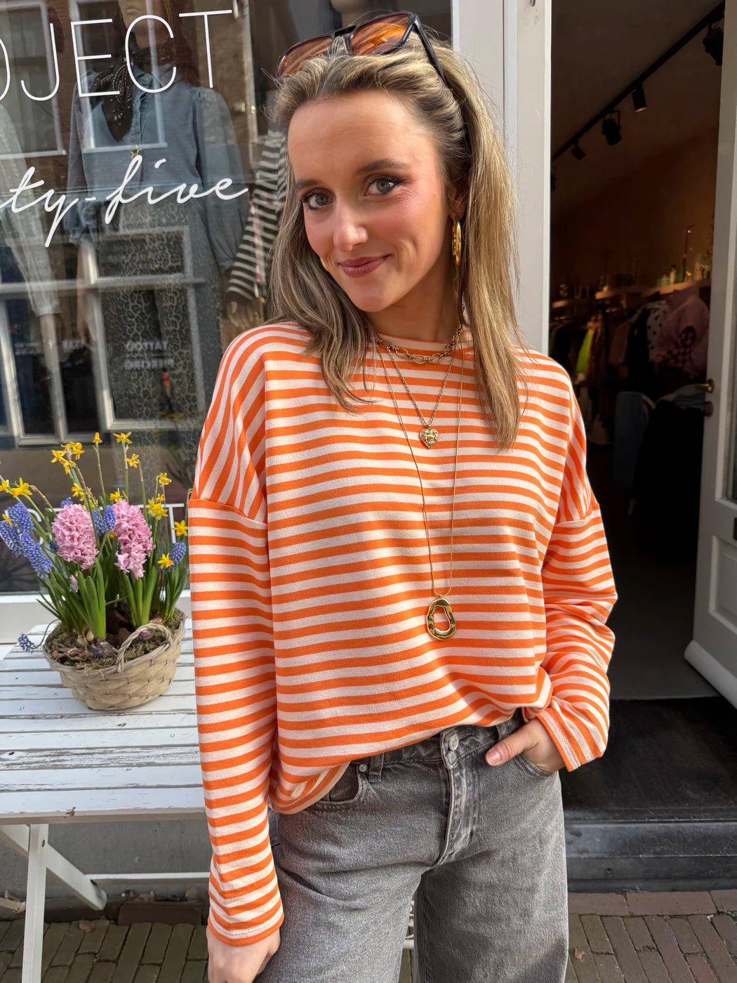 Roos longsleeve oranje/wit gestreept - Project 35