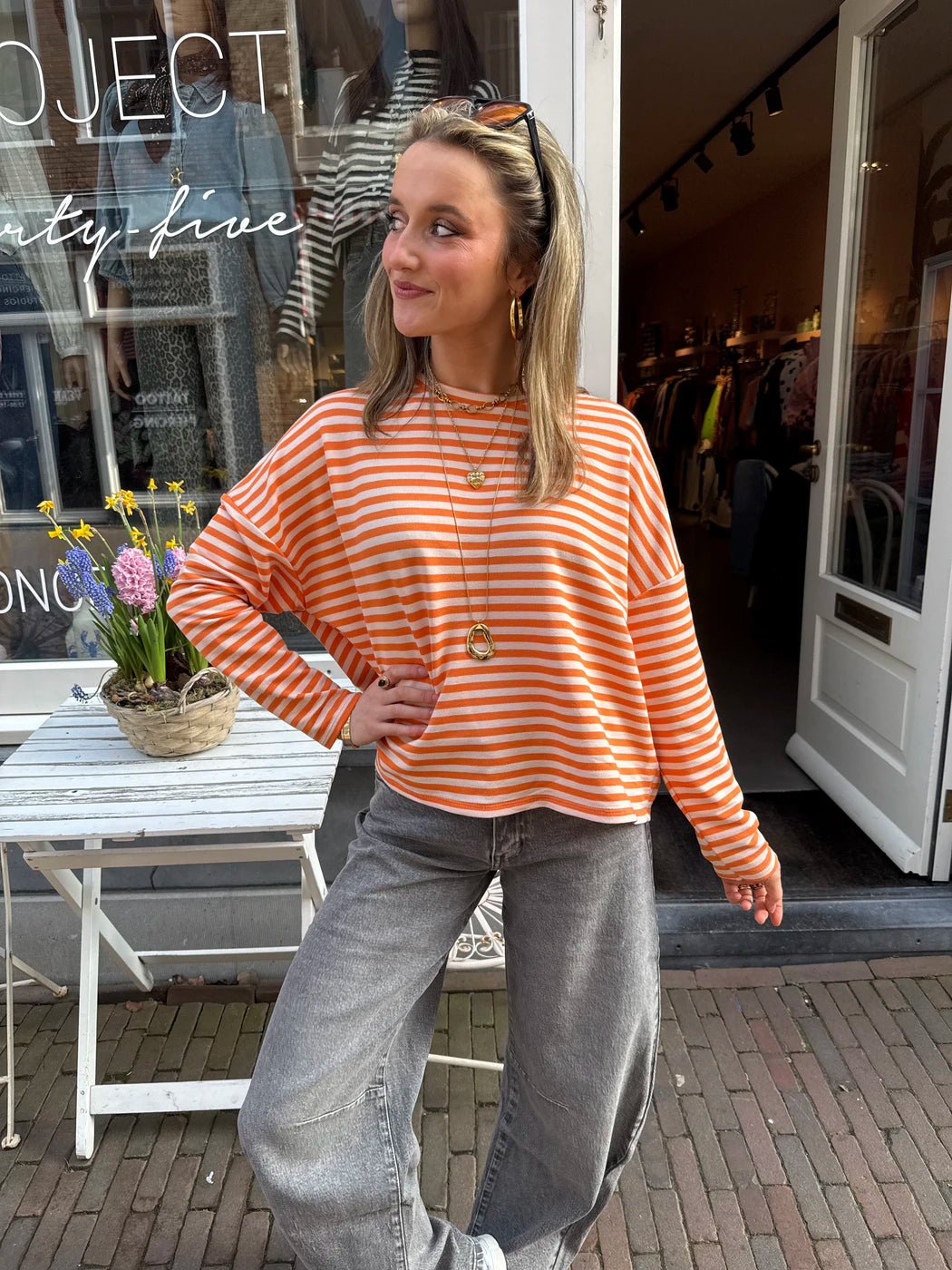 Roos longsleeve oranje/wit gestreept - Project 35