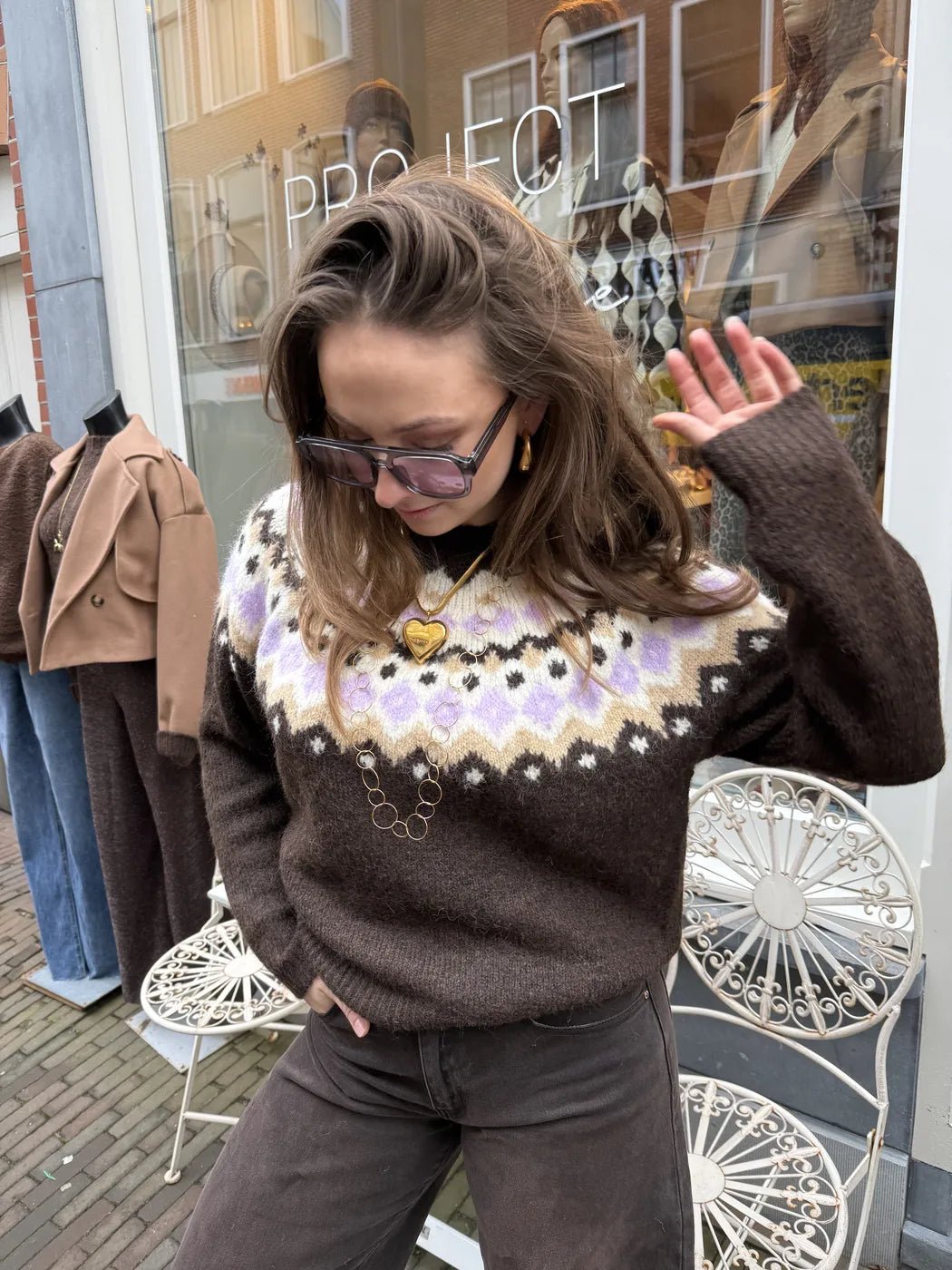 Sanne trui Noorse print bruin - Project 35