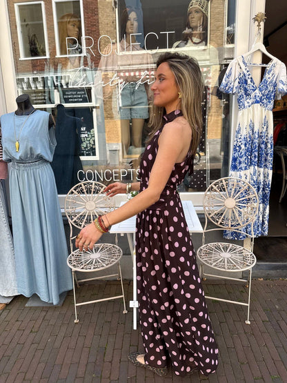 Sofia maxi jurk polkadot halter bruin/roze - Project 35