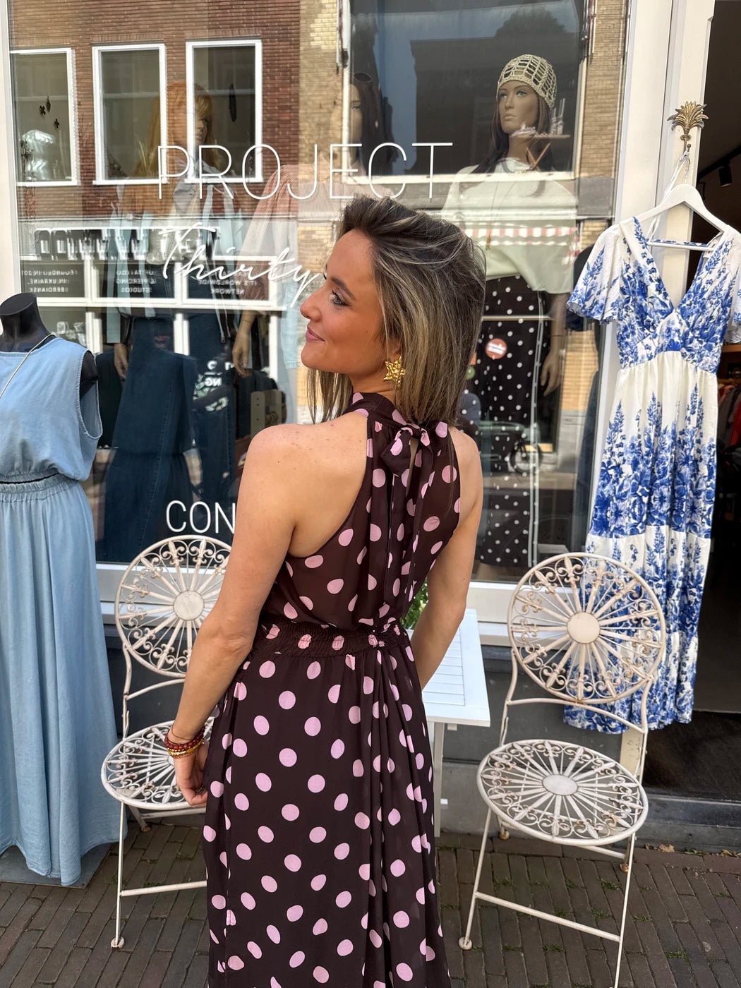 Sofia maxi jurk polkadot halter bruin/roze - Project 35