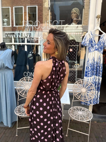 Sofia maxi jurk polkadot halter bruin/roze - Project 35