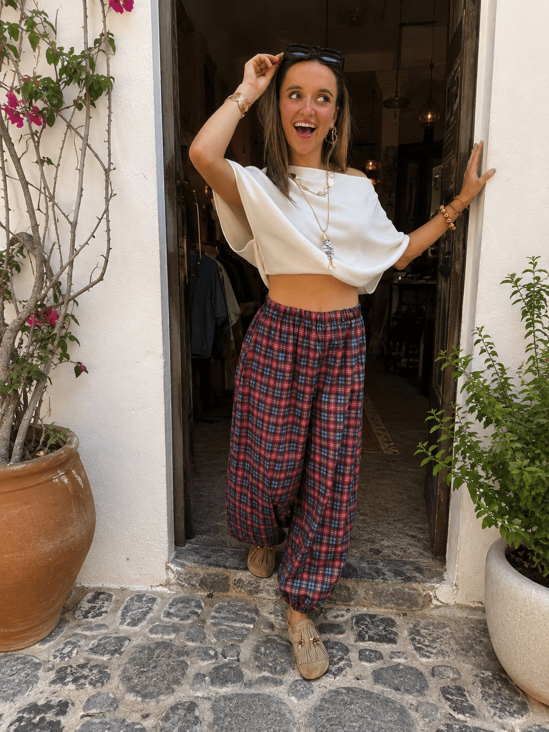 Sofie parachute broek geruit roze/blauw - Project 35