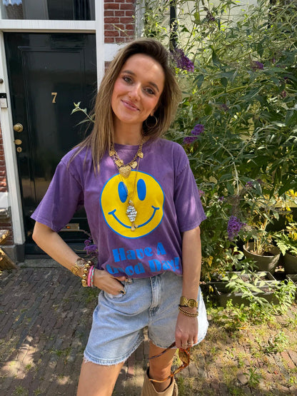 T-shirt oversized smiley paars/geel - Project 35