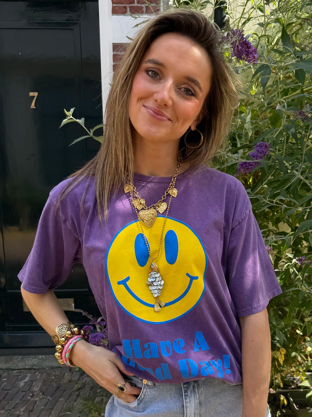 T-shirt oversized smiley paars/geel - Project 35