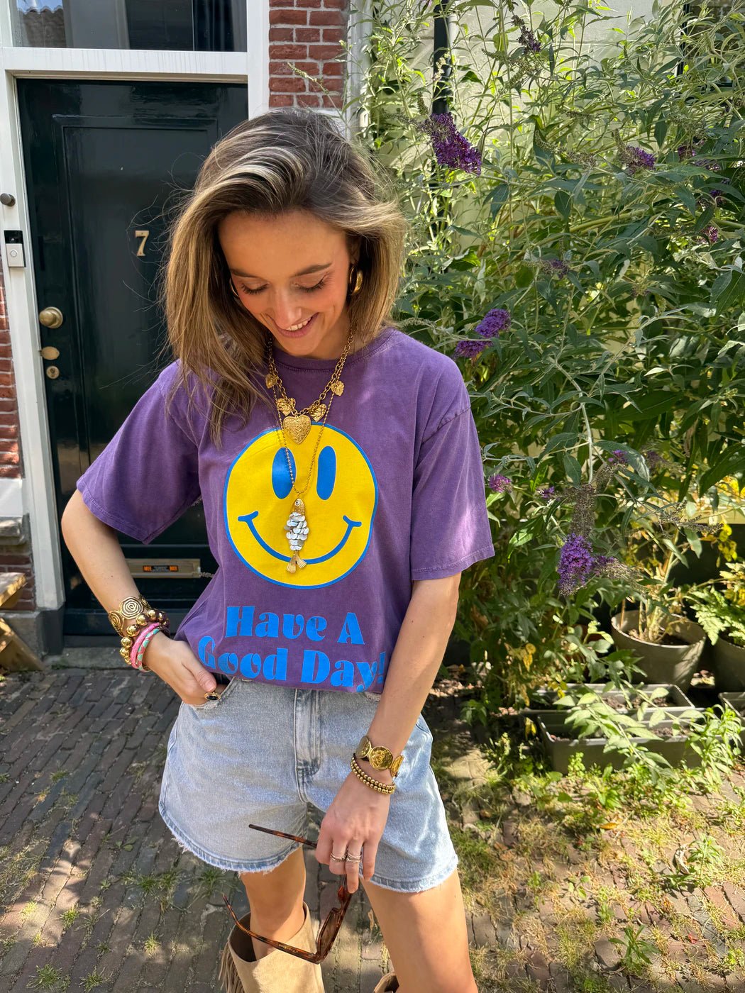 T-shirt oversized smiley paars/geel - Project 35