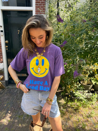T-shirt oversized smiley paars/geel - Project 35
