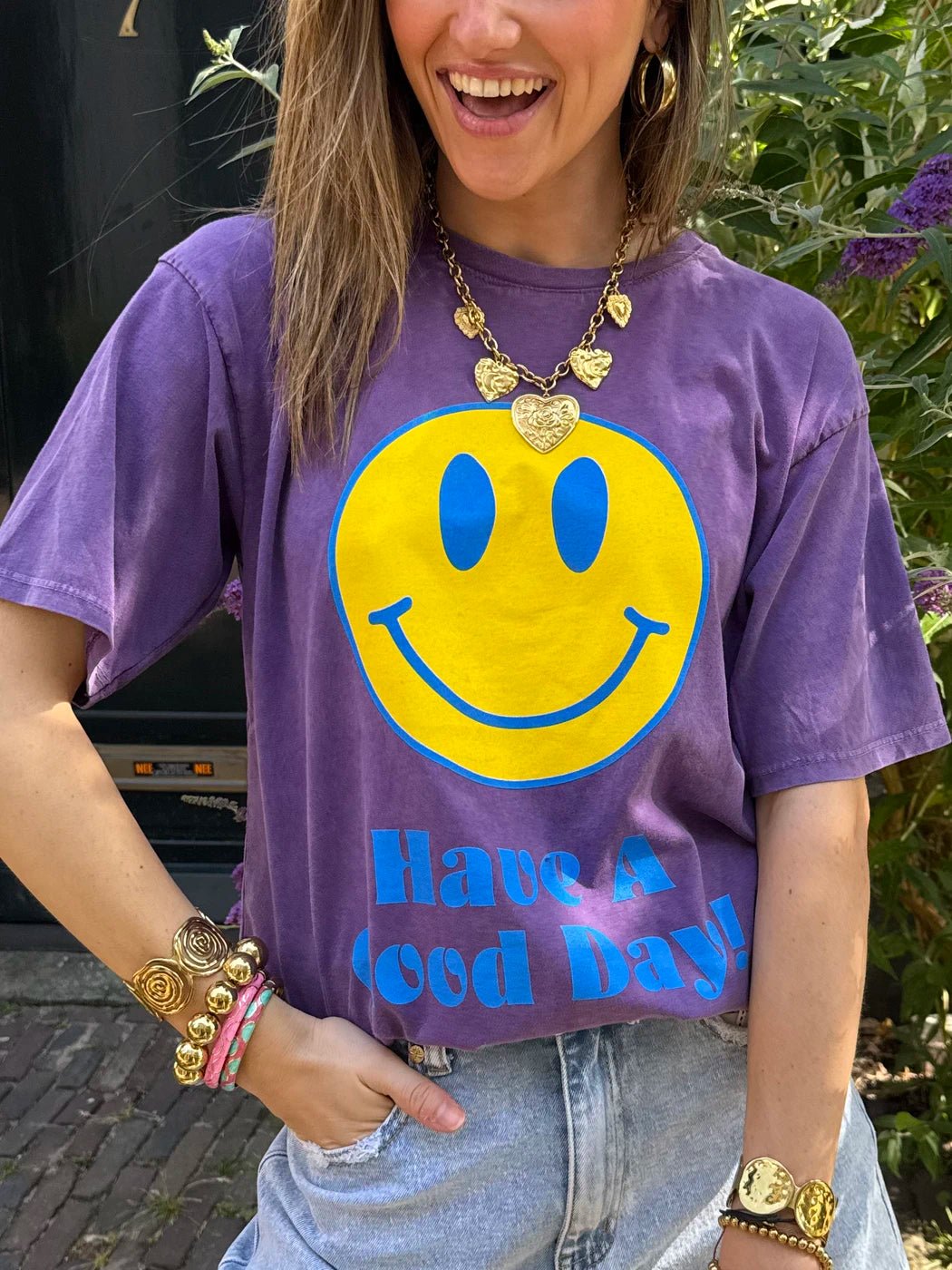 T-shirt oversized smiley paars/geel - Project 35