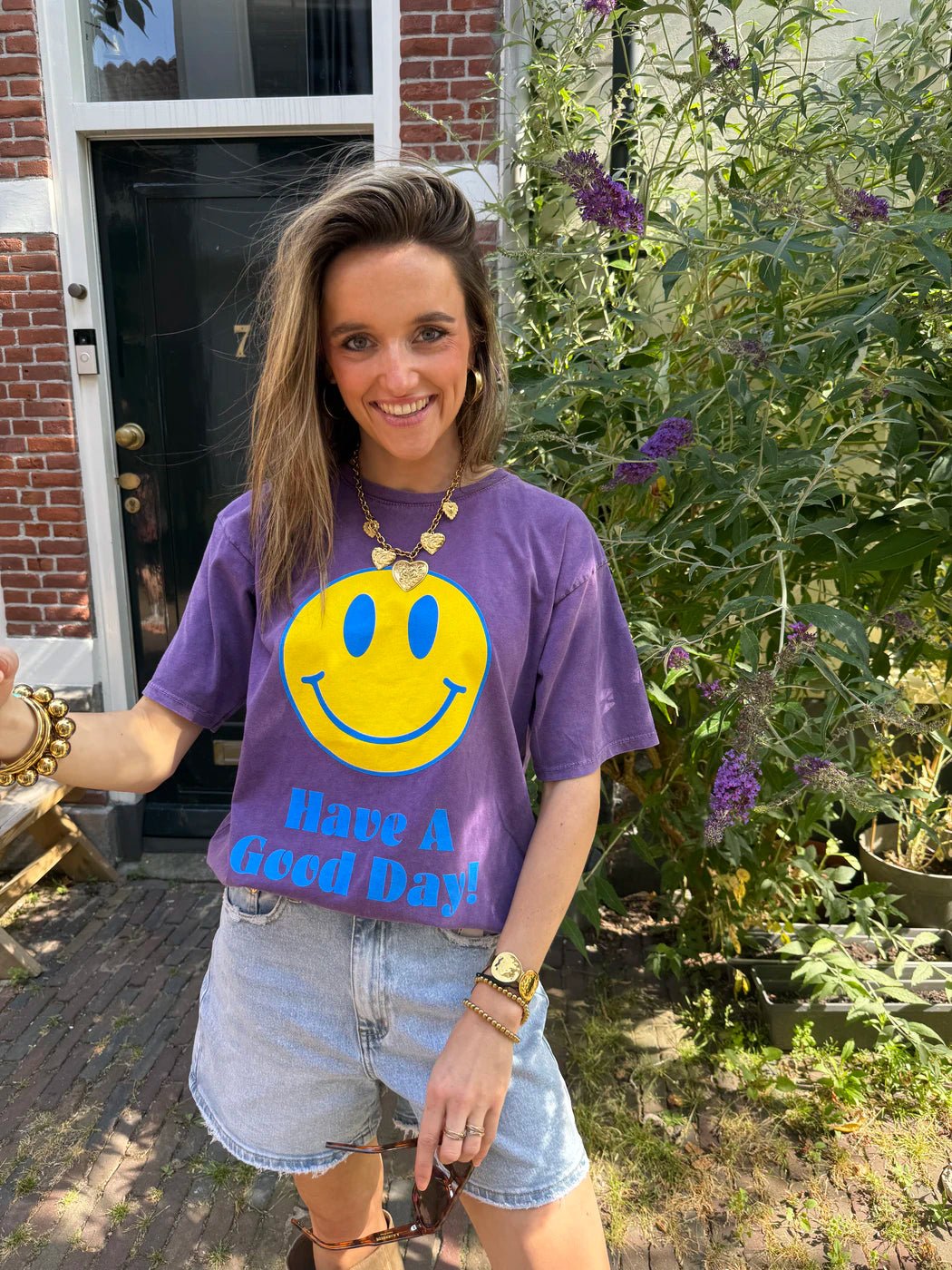 T-shirt oversized smiley paars/geel - Project 35