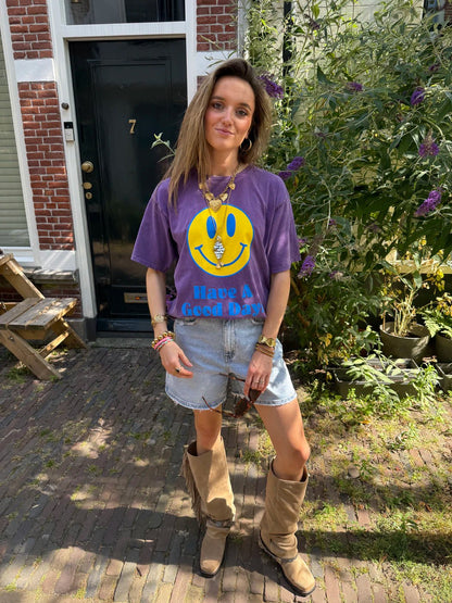 T-shirt oversized smiley paars/geel - Project 35