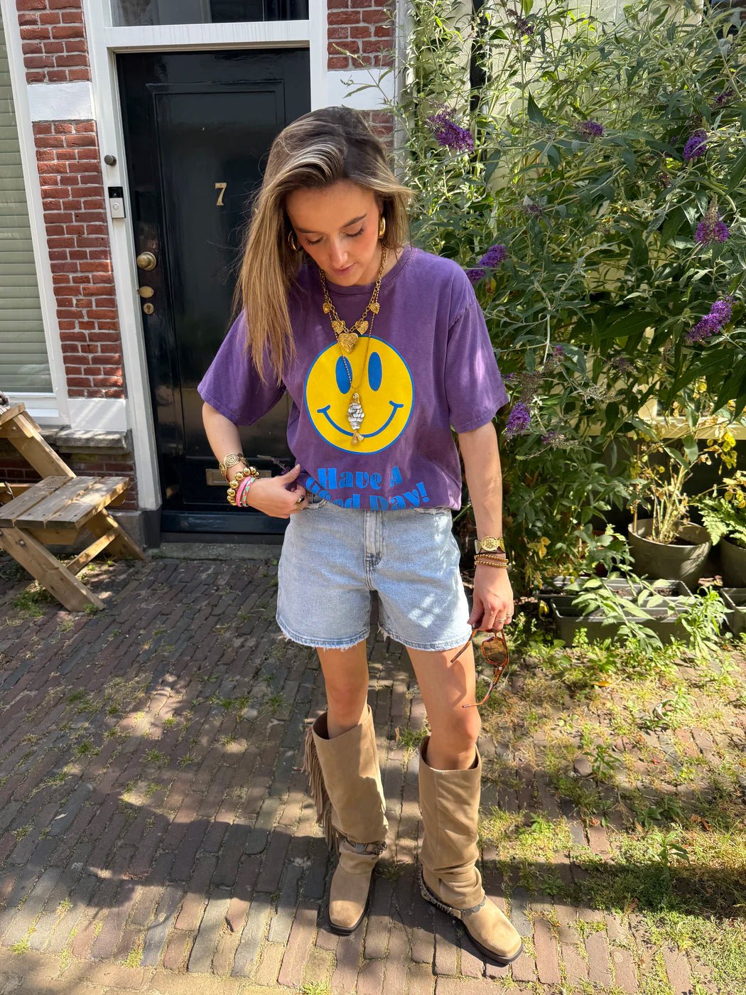 T-shirt oversized smiley paars/geel - Project 35
