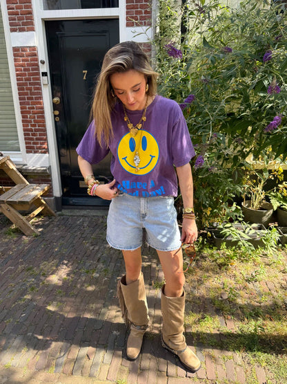T-shirt oversized smiley paars/geel - Project 35