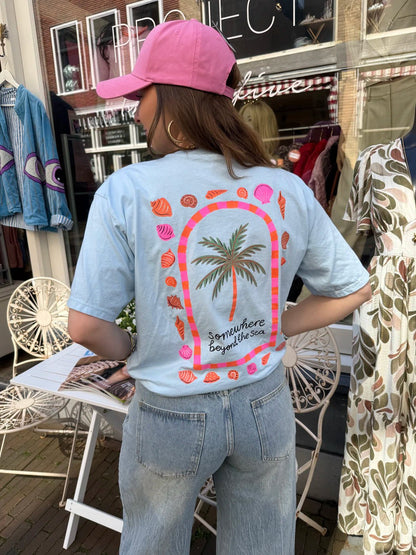 T-shirt palmbomen lichtblauw katoen - Project 35