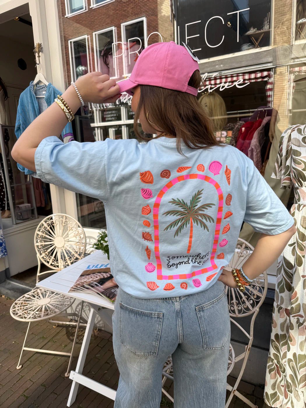 T-shirt palmbomen lichtblauw katoen - Project 35