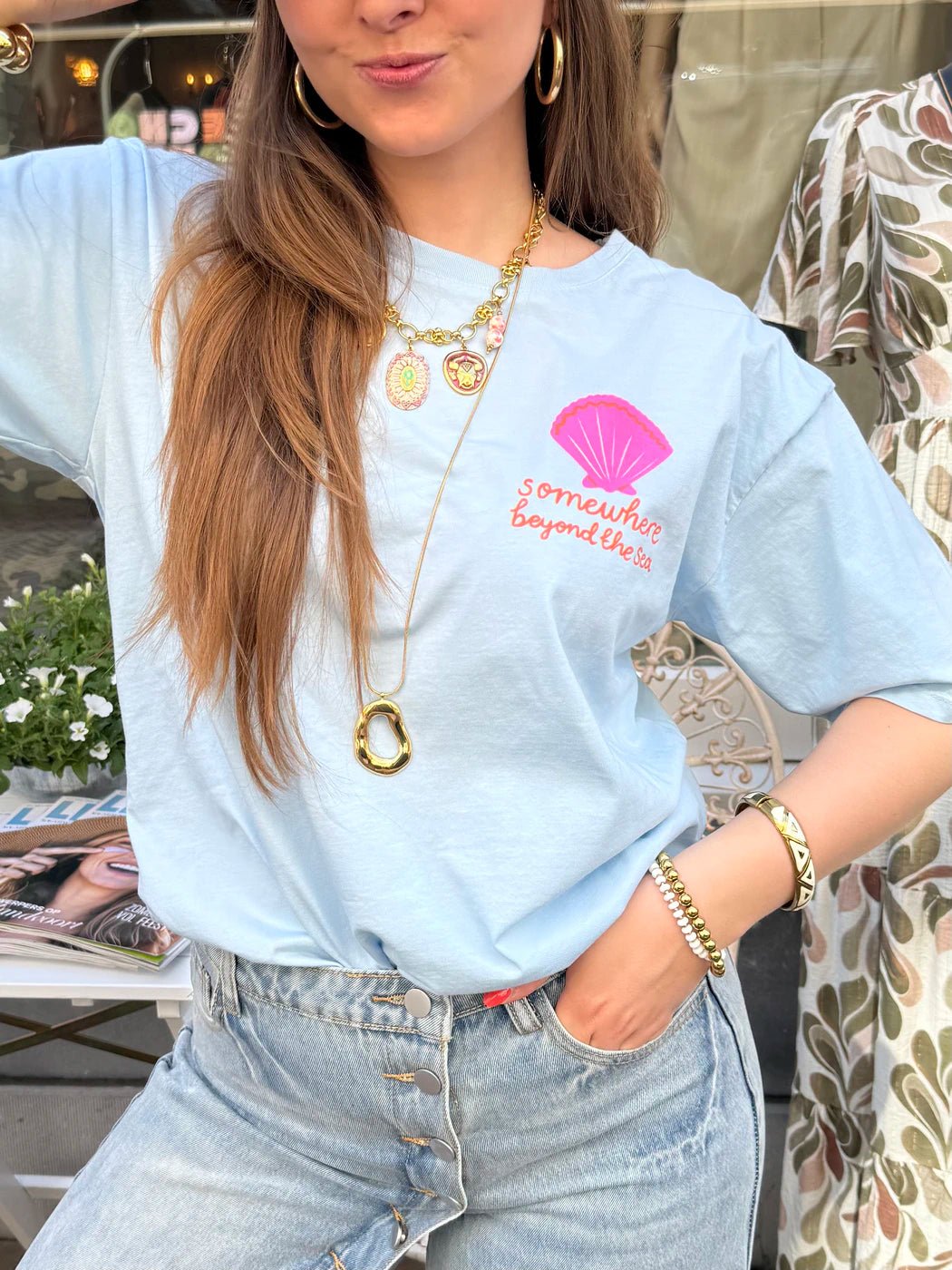 T-shirt palmbomen lichtblauw katoen - Project 35