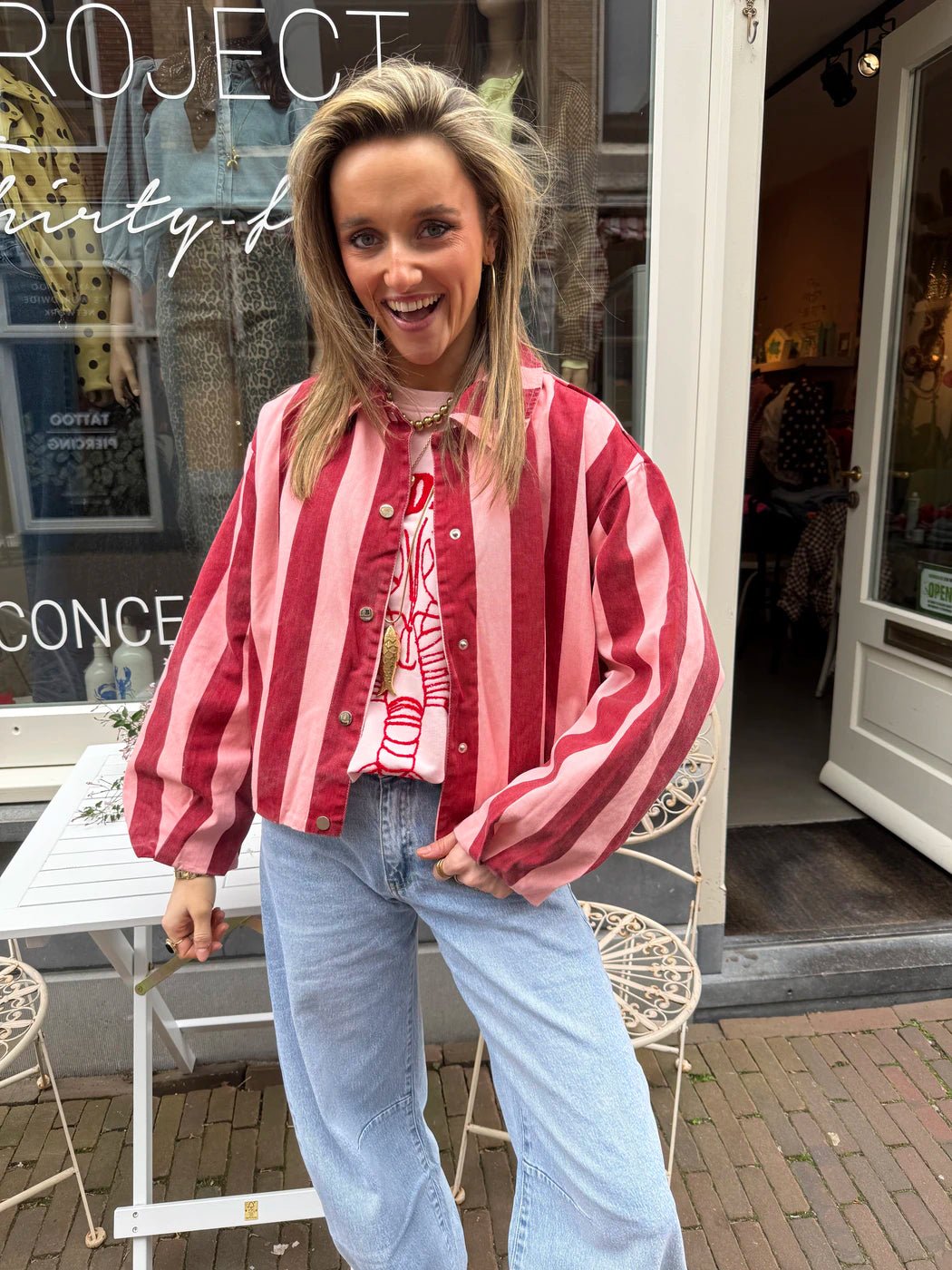 Tess jasje roze/bordeaux gestreept - Project 35