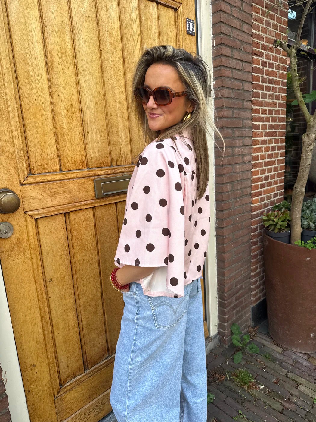Yara denim blouse polkadot roze/bruin - Project 35
