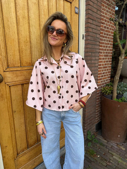 Yara denim blouse polkadot roze/bruin - Project 35