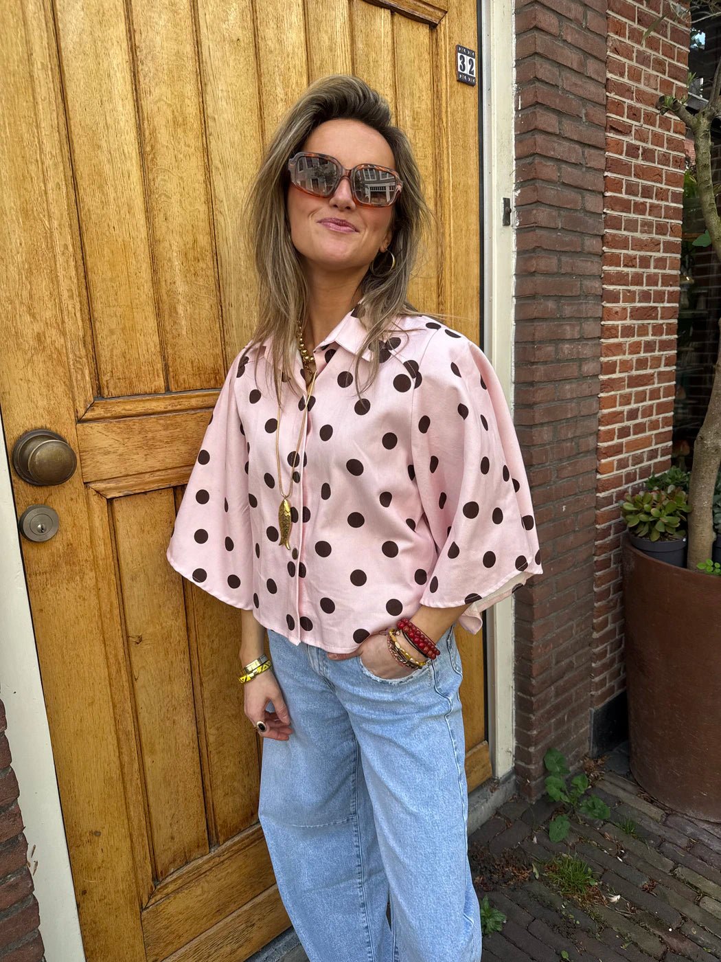 Yara denim blouse polkadot roze/bruin - Project 35