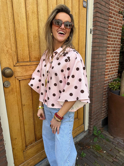 Yara denim blouse polkadot roze/bruin - Project 35