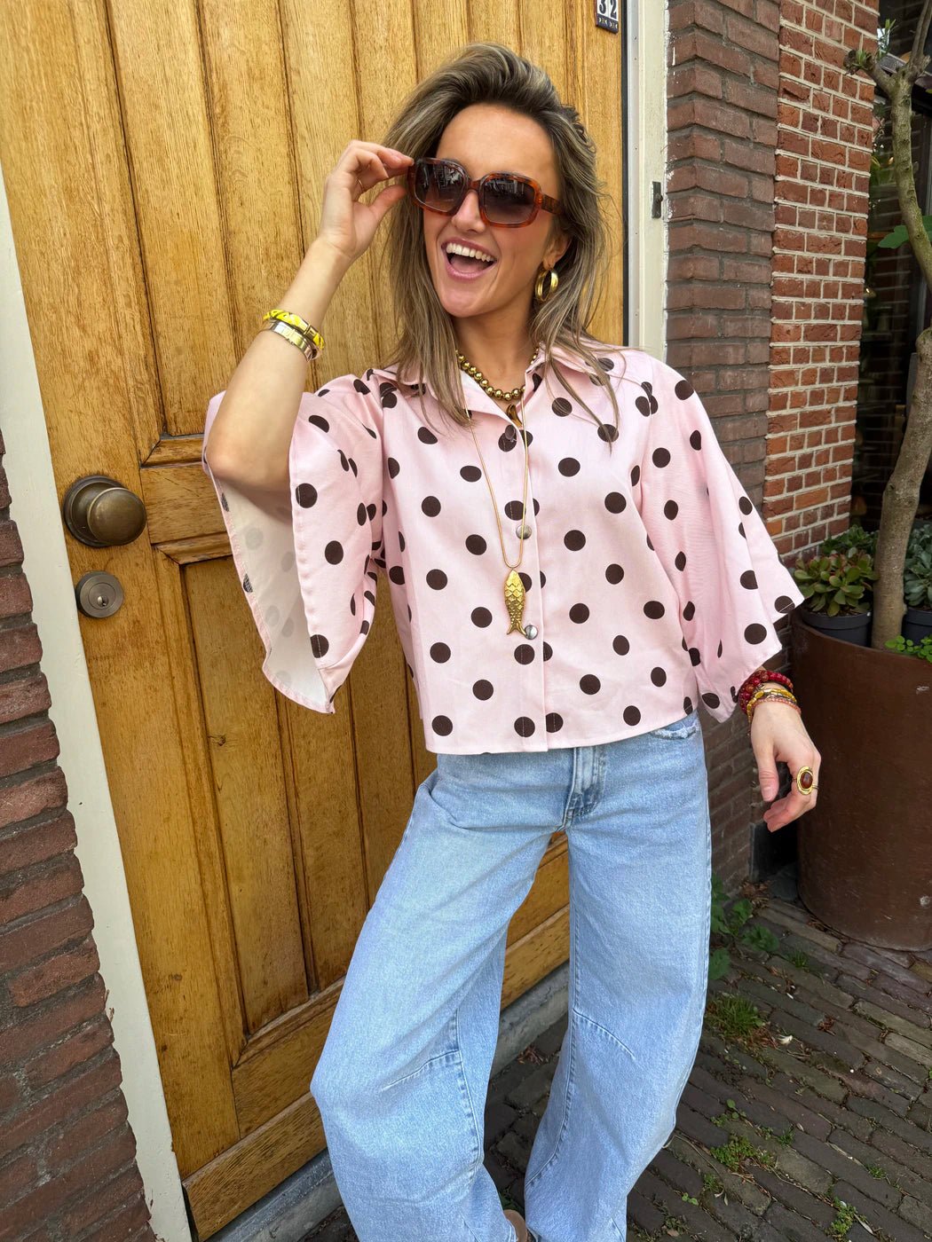 Yara denim blouse polkadot roze/bruin - Project 35