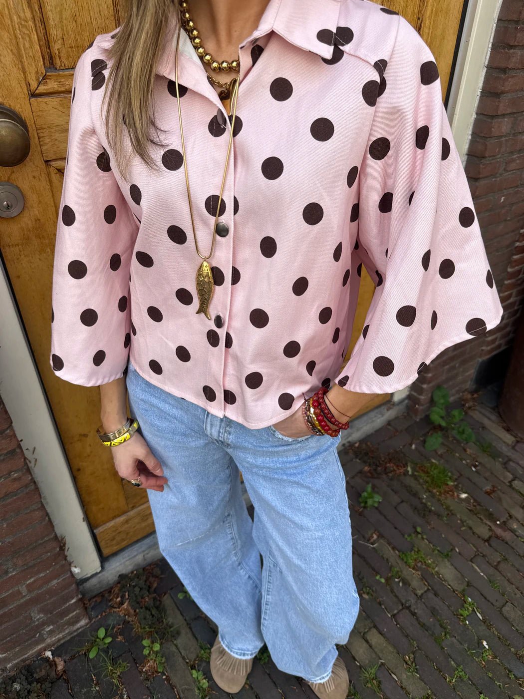 Yara denim blouse polkadot roze/bruin - Project 35