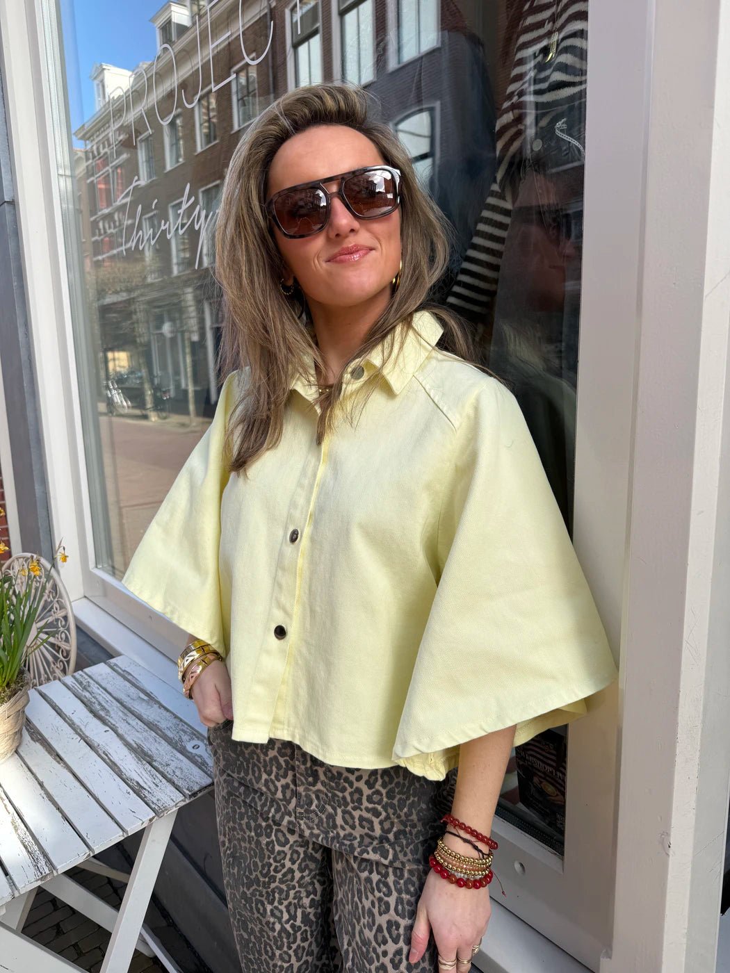 Yara denim blouse uitlopende mouw geel - Project 35