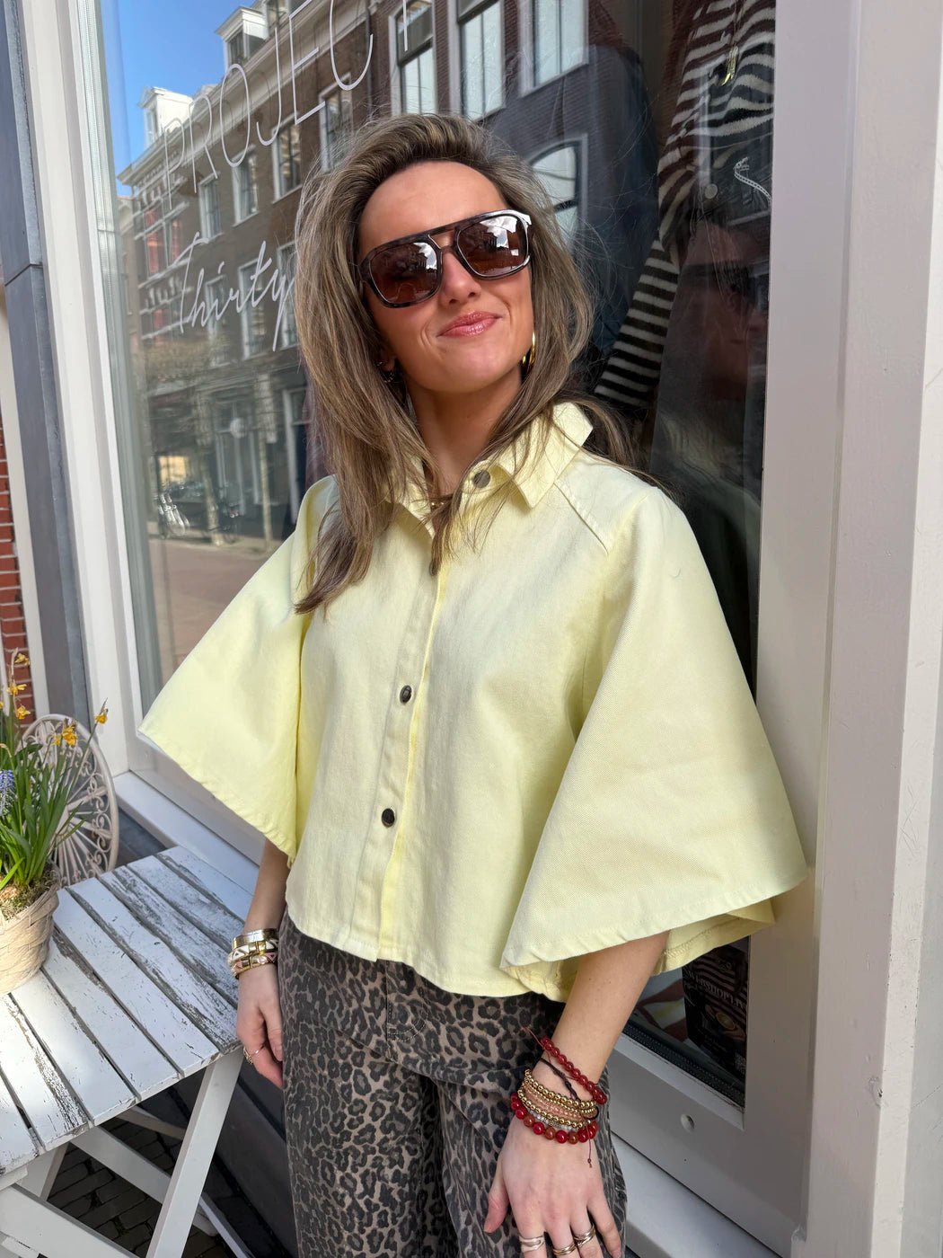 Yara denim blouse uitlopende mouw geel - Project 35