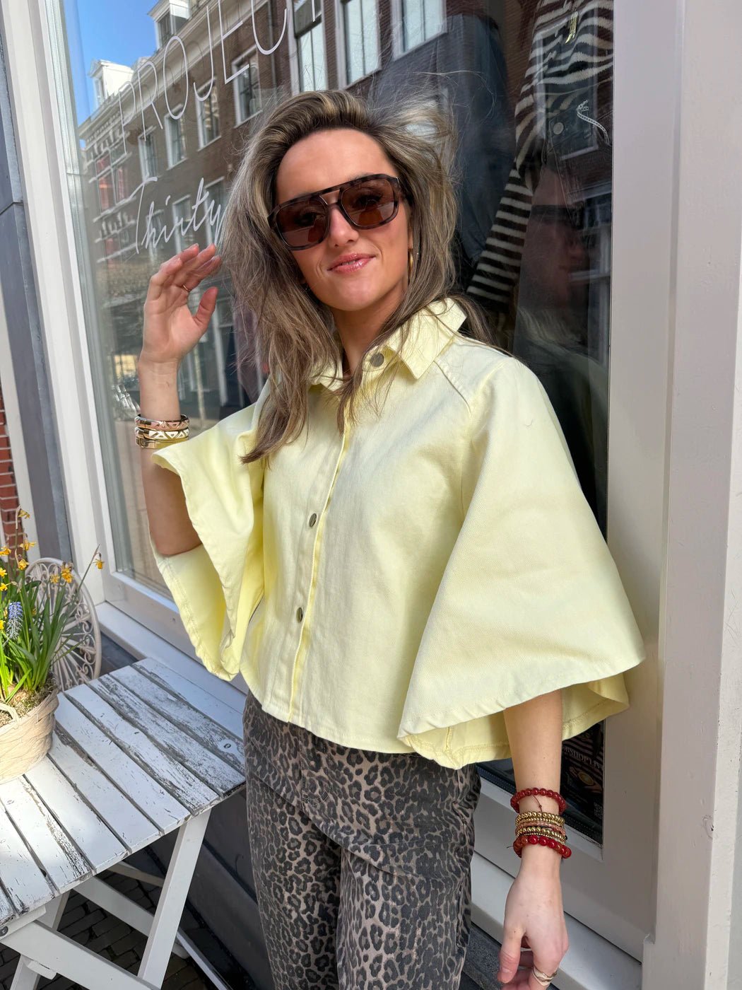Yara denim blouse uitlopende mouw geel - Project 35