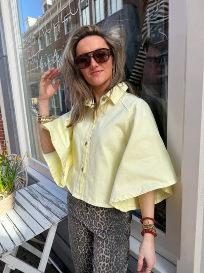 Yara denim blouse uitlopende mouw geel - Project 35