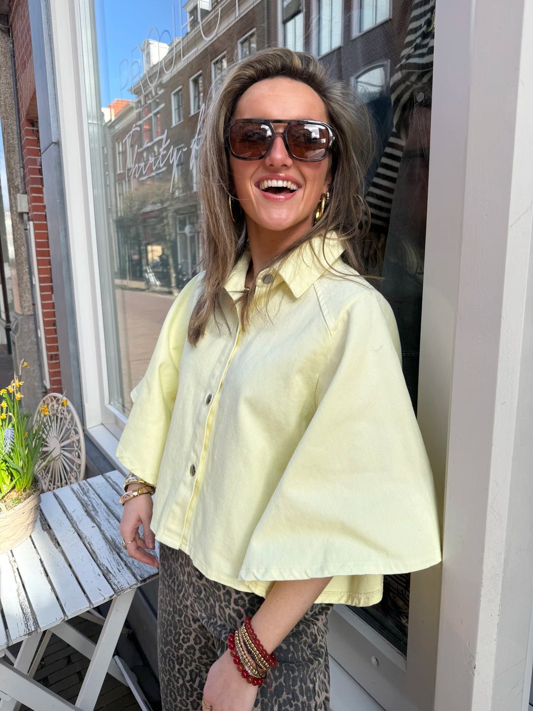 Yara denim blouse uitlopende mouw geel - Project 35
