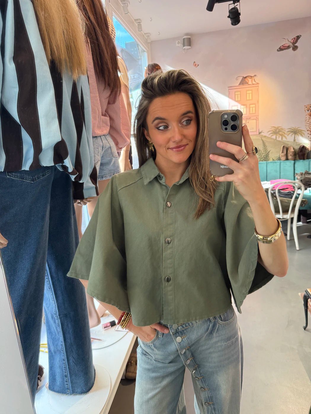 Yara denim blouse uitlopende mouw groen - Project 35