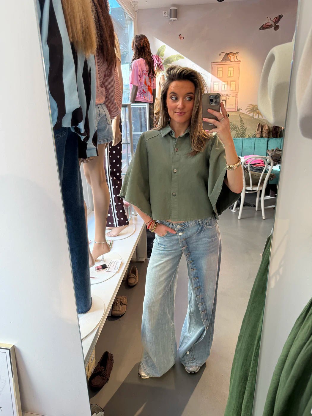 Yara denim blouse uitlopende mouw groen - Project 35