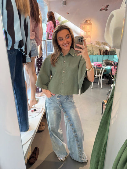 Yara denim blouse uitlopende mouw groen - Project 35