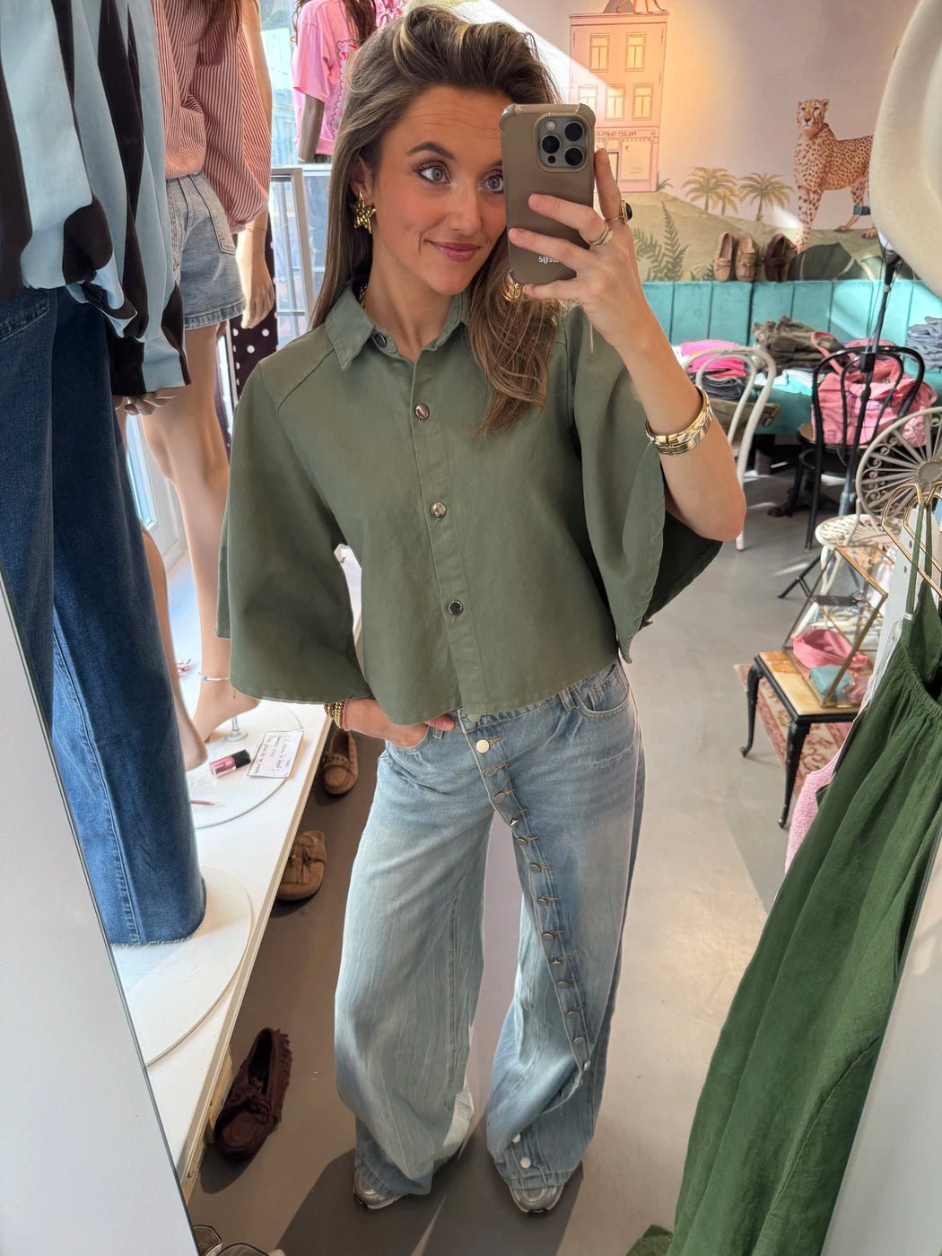 Yara denim blouse uitlopende mouw groen - Project 35