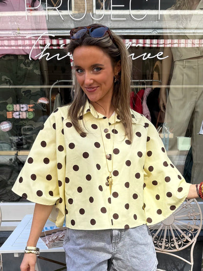 Yara denim blouse uitlopende mouw polkadot geel/bruin - Project 35