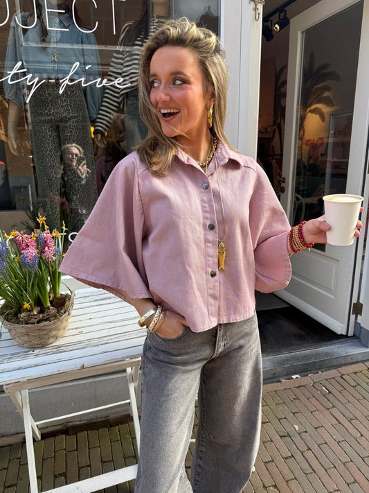 Yara denim blouse uitlopende mouw roze - Project 35