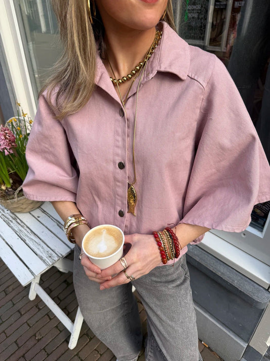 Yara denim blouse uitlopende mouw roze - Project 35