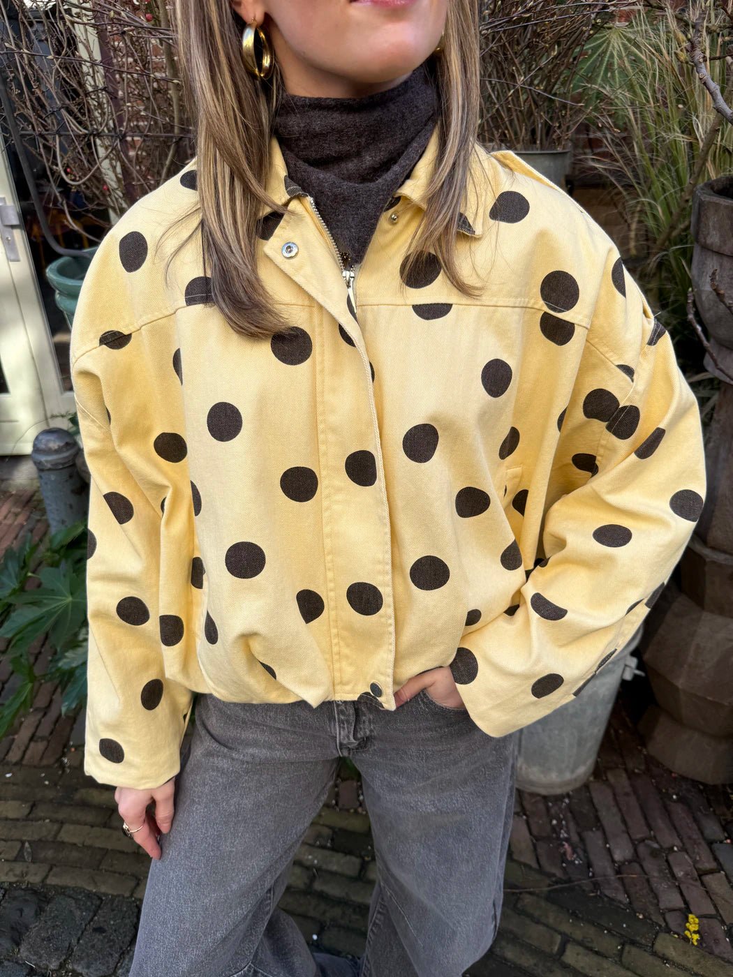 Zara polkadot bomber denim yellow/brown - Project 35