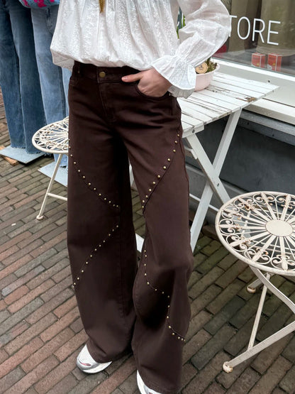 Zaya wide leg jeans studs bruin - Project 35