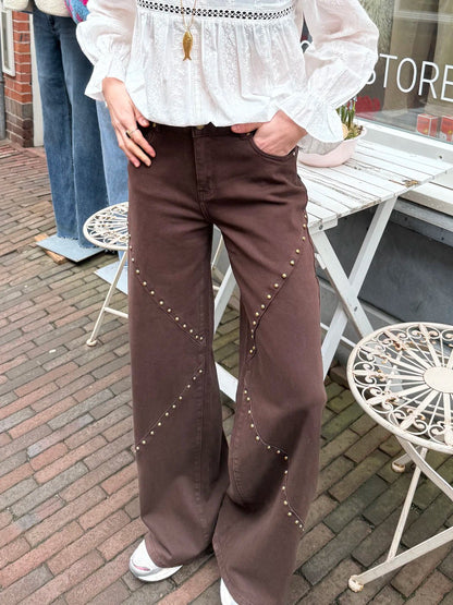 Zaya wide leg jeans studs bruin - Project 35
